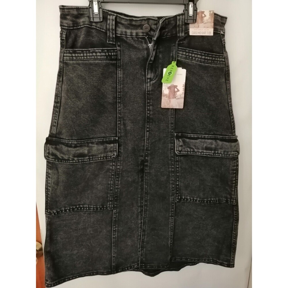 New Cargo Denim Skirt Women 7 / 28 Gray Pockets  Slit Front